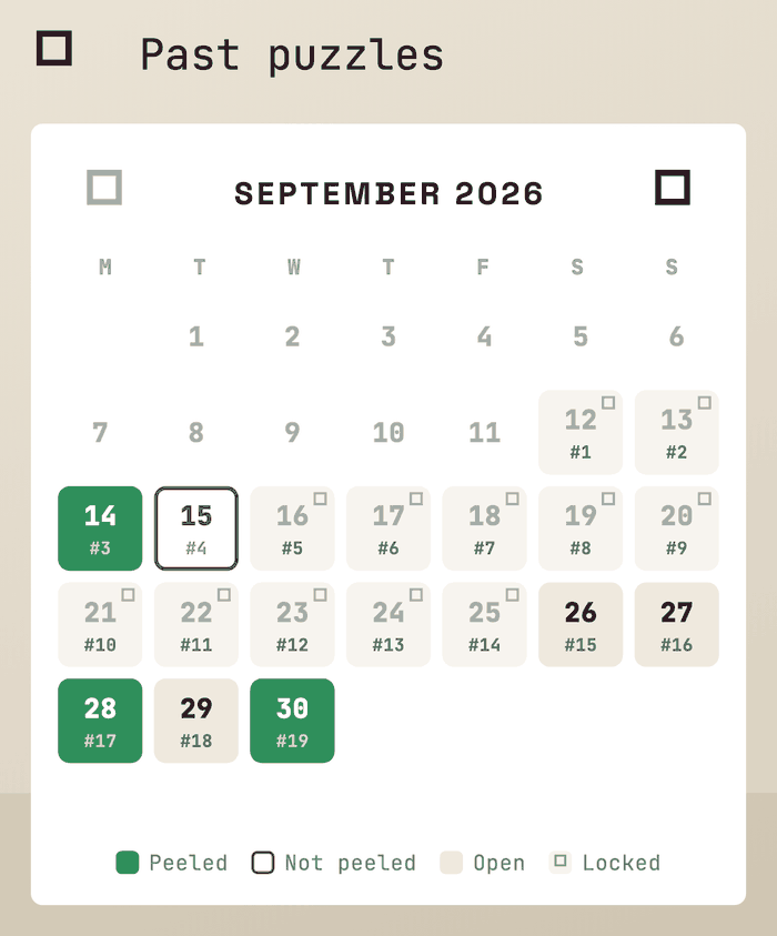 The Peeled archive: a month calendar where each day shows its puzzle number and whether it was peeled, missed, open or locked.