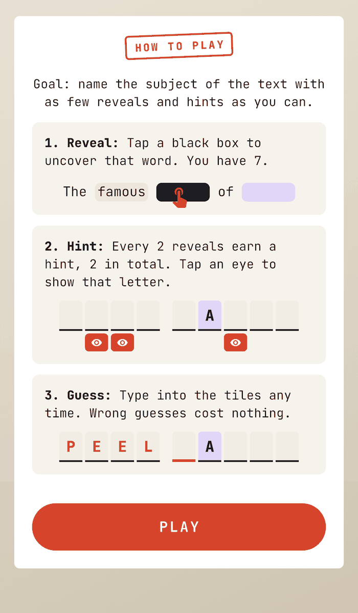 The Peeled how-to-play screen: three panels explaining reveals, hints and guessing, above a large PLAY button.